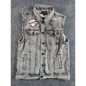 XXX RUDE Mens Distressed Denim Vest Size L Grey Washed Jacket Punk Goth Metal